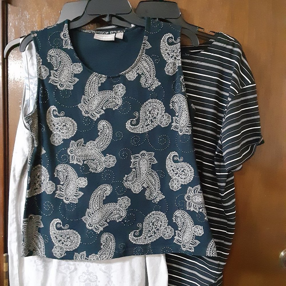 3 VERSATILE TOPS; SIZE LARGE; BLK, CREAM, GREY, PALE BLUE